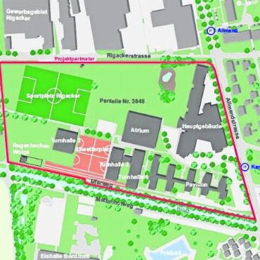 Moderner Campus statt Pavillons - Rot umrandet präsentiert sich das Kanti-Areal heute. Ausser dem Hauptgebäude könnten alle Gebäude verschwinden und durch Neubauten ersetzt werden.