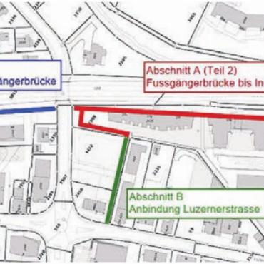 Die Brücke als zentraler Teil - Das Teilstück A (blau und rot) liegt als Baugesuch zurzeit auf. Der Abschnitt B soll zusammen mit der geplanten Überbauung «Groli-Areal» realisert werden.