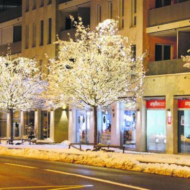 Leuchtende Einheit - Gerade mit dem neu gefallenen Schnee schafft die neue Weihnachtsbeleuchtung an der Aarauerstrasse eine besinnliche Atmosphäre. Bild: Celeste Blanc