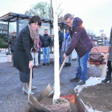 «Dankbar für den neuen Baum» - Gemeinsam am Baumpflanzen. Von links: Alt-Bundesrätin Doris Leuthard, Gemeindeammann Rainer Heggli und Marianne Binder, frisch gewählte Ständerätin. Bild: Thomas Stöckli