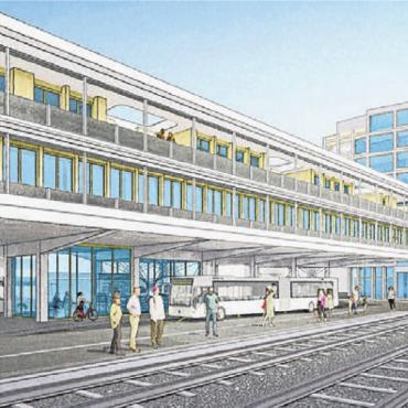 Gemeinsam in die ÖV-Zukunft - Bus und Zug sollen künftig ihre zentrale, gemeinsame Drehscheibe beim komplett erneuerten Bahnhof erhalten. Visualisierung: zg