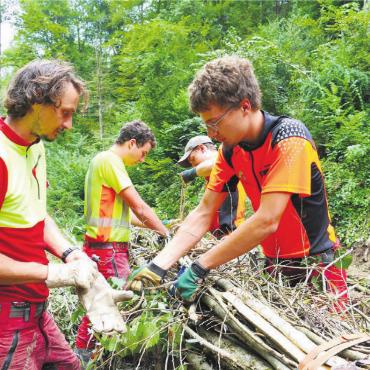 Forstwart-Lernende in Hochform - Dominik Gysel (rechts) beim Bündeln der Faschinen. Das Endziel seiner Ausbildung heisst Forstingenieur. Bild: Richard Gähwiler