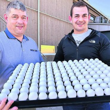 Das Ei wird knapp - Sie sind Experten, wenn es um das Ei geht: Magnus (links) und Andreas Döbeli vor der Animalco AG in Schongau. Bild: Stefan Sprenger