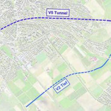 Keine Variante ist zweckmässig - Zwei Varianten werden im kantonalen Richtplan als Zwischenergebnis eingetragen: Der Stadttunnel kostet 460 bis 600 Millionen Franken. Die Linienführung zwischen Wohlen und Waltenschwil (V2 Tief) sieht eine unterirdische Querung von SBB-Linie, Hochwasserrückhaltebecken und Bünz vor.