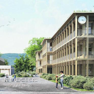 Das neue Schulhaus soll zwischen Turnhalle und Festwiese gebaut werden. Pro Stockwerk sind zehn Schulzimmer geplant, im Erdgeschoss sind Räumlichkeiten für die Tagesstruktur vorgesehen. Visualisierung: zg