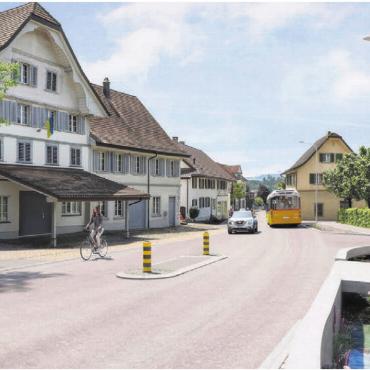 Vor einem Mammutprojekt - So könnte die Marktstrasse (hier Höhe Volg) später einmal aussehen. Mit der Bachöffnung als klarer Mehrwert. Visualisierung: zg
