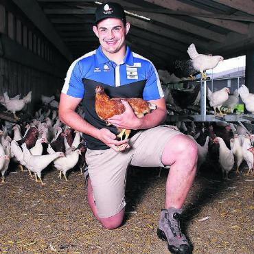 Das Ei wird knapp - Andreas Döbeli (im Schwinger-Shirt) im Hühnerstall auf dem Hof in Sarmenstorf. Bild: Manuel Geisser
