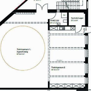 Neues Zuhause für Biber-Familie - So sieht die Trainingshalle im Grundriss aus: Kernstück wird die acht Meter hohe Trainingshalle für die Luftnummern sein. Im EG und OG sind zwei weitere Trainingsräume geplant.