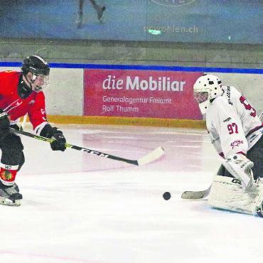 Einer für alle, alle für einen - Lars Neher (links) scheitert an Gian Andrea Wüst im Goal der Argovia Stars. Mit einem Assist hatte er aber dennoch Anteil am Sieg der Fischbach-Gösliker, die über jeden einzelnen Spieler froh waren. Bild: Josip Lasic