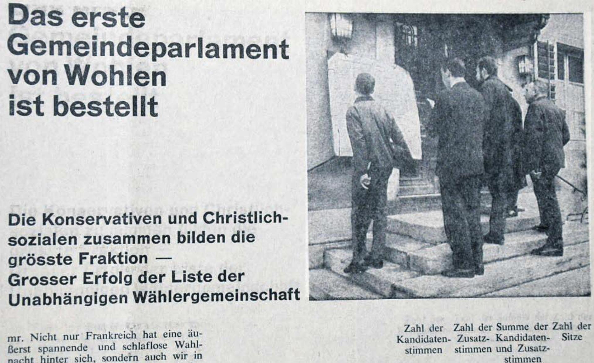 Zeitungsausschnitt aus dem «Wohler Anzeiger»: Am Sonntag, 5. Dezember 1965, wurde gewählt. Erst am Montagmorgen standen die Resultate des ersten Einwohnerrates fest, sie wurden beim Gemeindehaus bekannt gegeben. Bilder: Archiv/dm - Das Bild wird blockiert. – Möglicherweise durch einen aktiven Adblocker.