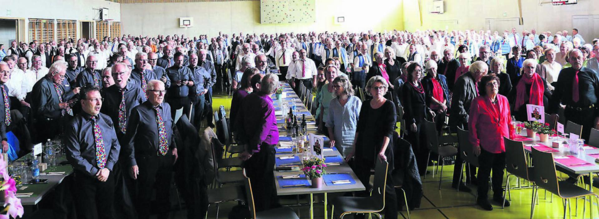 Die rund 600 Sänger haben vor dem Bankett gemeinsam drei Lieder gesungen und die Mehrzweckhalle zum Klingen gebracht. Bilder: ci