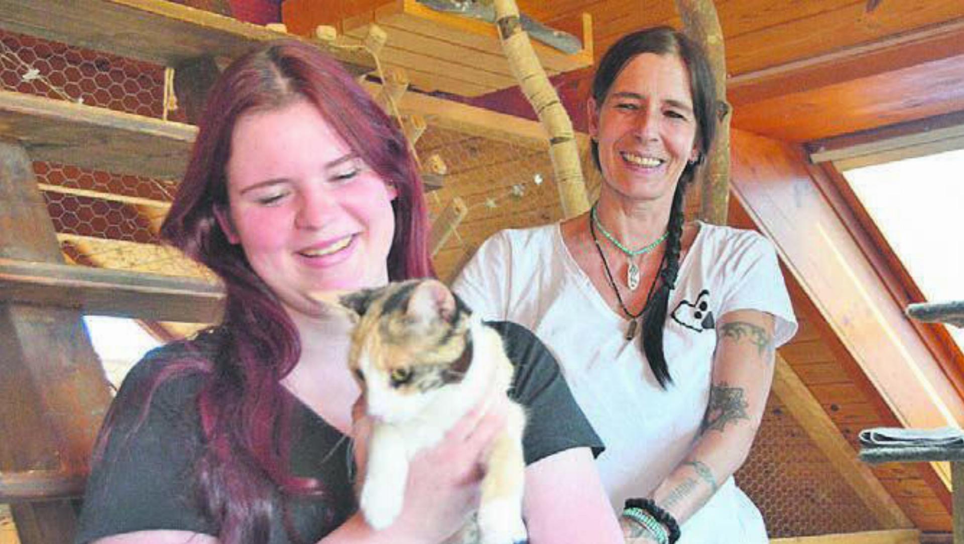 Ronja Frauenfelder (links) und Sandra Fritschi kümmern sich liebevoll um die Katzen in der Pension. Bild: ake