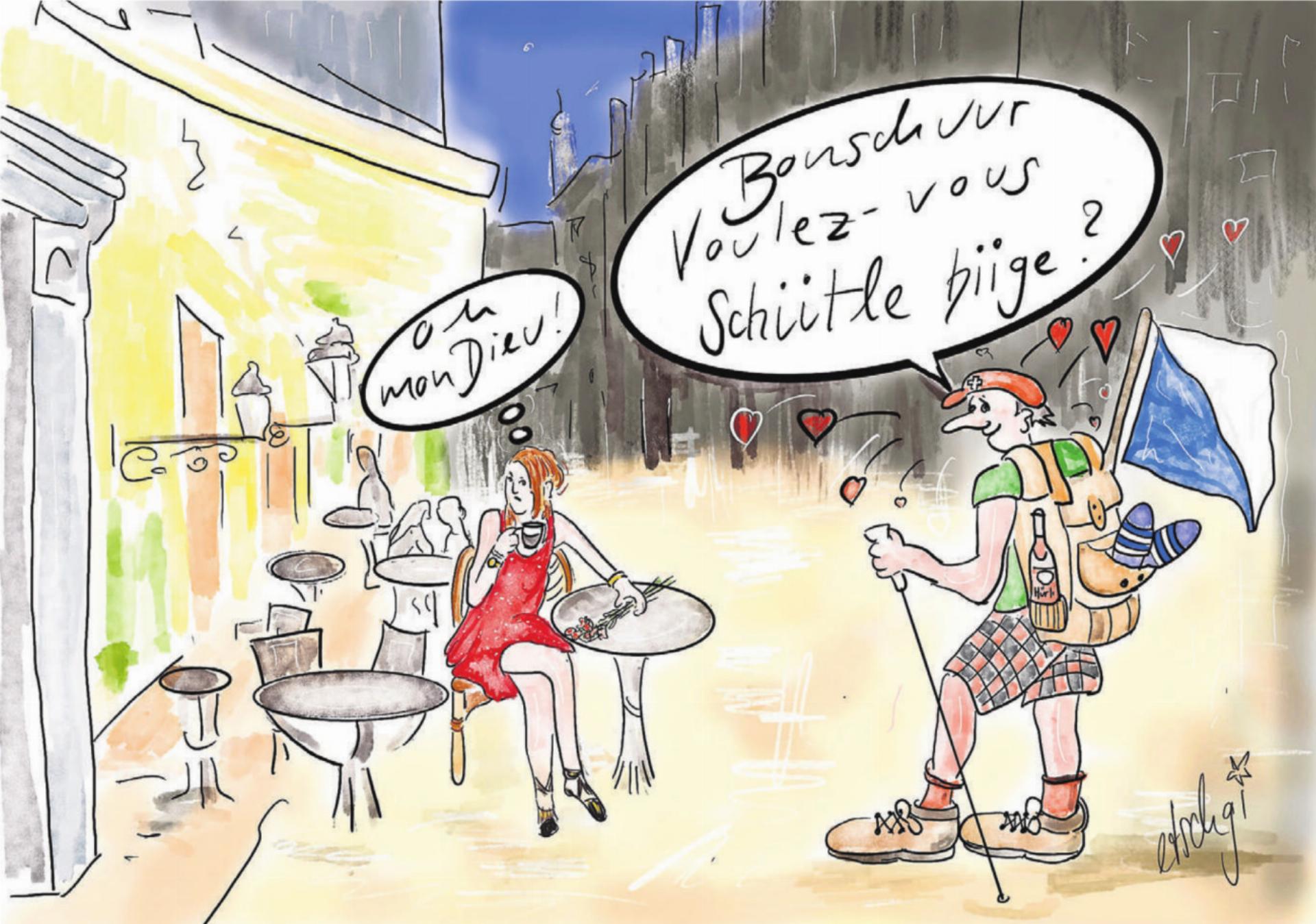 «Oh mon Dieu, das Französisch und wir Deutschschweizer», schreibt Karikaturistin Etschgi. Für dieses Bild habe sie mit ihrer Nachbarin gesprochen. «Elle vient de Neuchâtel» und sie gefragt: «Du, wie ist das eigentlich mit dem Deutschlernen in der Romandie?» – «Oh, là, là – Deutsch ist fürchterlich schwierig, all die verschiedenen Fälle, Akkusativ und so weiter! Horrible! Also, das macht uns allen keinen Spass, die anderen Sprachen unseres Landes zu lernen.» Und doch ist es für die Verständigung sehr wichtig. Etschgi: «Vielleicht sollten wir beim Wort Spass ansetzen und die Sprachen lebendig machen, vom Zwang befreien, vom schriftlichen Lernen ‹à la dictée› und von den Noten befreien, und alle, die sprachbegabt und freudig Französisch in der Primarschule lernen wollen, machen lassen, und wer Mühe hat, soll es sein lassen. Aber wir lernen mit Spass. Avec plaisir.» Bild: Etschgi - Das Bild wird blockiert. – Möglicherweise durch einen aktiven Adblocker.
