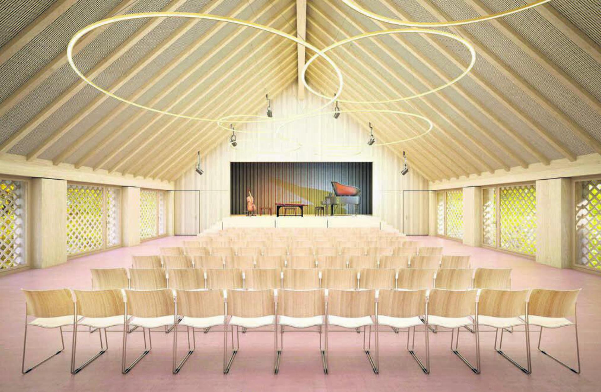 So soll der Kultursaal im neuen Gemeindehaus dereinst aussehen. Uneinig ist man sich in Niederwil darüber, wo er sein soll. Wie geplant im Dachgeschoss? Oder doch besser ebenerdig? Diese Frage wird an der Urne entschieden. Visualisierung: zg - Das Bild wird blockiert. – Möglicherweise durch einen aktiven Adblocker.