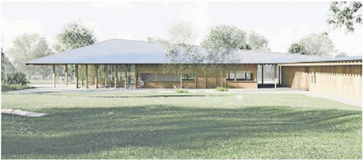 Blick auf den Gastroteil (links) des winkelförmigen Neubauprojekts am künftigen Zugang zur Badi Muri. Visualisierung: zg Blick auf den Gastroteil (links) des winkelförmigen Neubauprojekts am künftigen Zugang zur Badi Muri. Visualisierung: zg