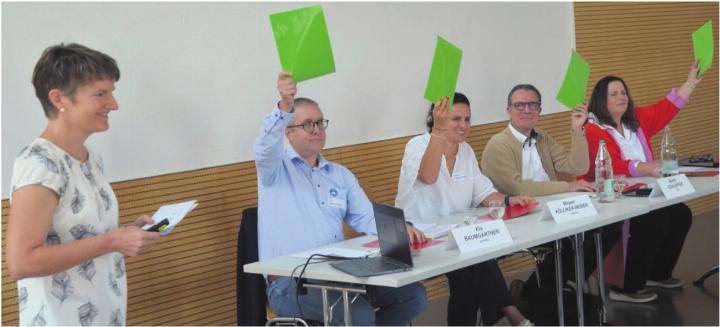 Yvonne Kaufmann (links) fühlt den vier anwesenden Neukandidierenden mit Ja-/Nein-Fragen auf den Zahn. Von rechts: Stephanie Musshafen, Martin Schläpfer, Mirjam Kölliker und Kis Baumgartner. Bild: Thomas Stöckli