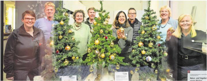 Adventsdekoration 2025 des ibw-Shops, gestaltet vom Natur- und Vogelschutzverein Wohlen in Zusammenarbeit mit lokalen Künstlerinnen und Künstlern. Wald-Weihnachtsbäume mit Christbaumkugeln, bemalt von Théa Prado und Marcela Herzig mit einheimischen Tieren, Rotkehlchen aus Stoff und auf Lichttüten gezeichnet von Gianna Guarisco, Füchse und Eichhörnchen aus dem 3D-Drucker von Finn Ludl: (v. l.) Nicole Albrecht (Leiterin ibw-Shop), Simon Zubler (Geschäftsleiter IBW Energie AG), Andrea Fuchs (Co-Präsidentin NV Wohlen), Thomas Burkard (Co-Präsident NV Wohlen), Théa Prado (AR.the.RA), Arnold Meyer (Projektbetreuer NV Wohlen), Esther Clausen (Rechnungsführerin NV Wohlen), Marcela Herzig (AR.the.RA). Bild: pd