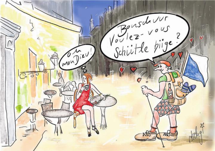 «Oh mon Dieu, das Französisch und wir Deutschschweizer», schreibt Karikaturistin Etschgi. Für dieses Bild habe sie mit ihrer Nachbarin gesprochen. «Elle vient de Neuchâtel» und sie gefragt: «Du, wie ist das eigentlich mit dem Deutschlernen in der Romandie?» – «Oh, là, là – Deutsch ist fürchterlich schwierig, all die verschiedenen Fälle, Akkusativ und so weiter! Horrible! Also, das macht uns allen keinen Spass, die anderen Sprachen unseres Landes zu lernen.» Und doch ist es für die Verständigung sehr wichtig. Etschgi: «Vielleicht sollten wir beim Wort Spass ansetzen und die Sprachen lebendig machen, vom Zwang befreien, vom schriftlichen Lernen ‹à la dictée› und von den Noten befreien, und alle, die sprachbegabt und freudig Französisch in der Primarschule lernen wollen, machen lassen, und wer Mühe hat, soll es sein lassen. Aber wir lernen mit Spass. Avec plaisir.» Bild: Etschgi