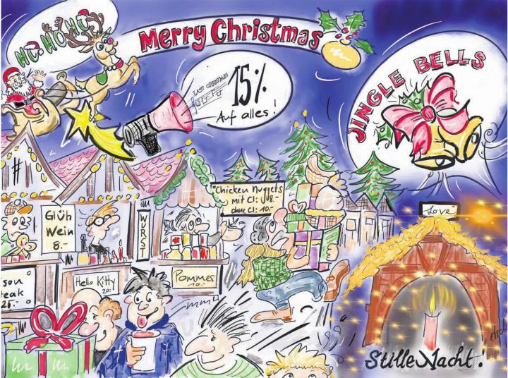 «Mich dünkt, dieses Jahr ist die Weihnachtszeit schnell, laut und sehr amerikanisch geprägt», schreibt Karikaturistin Etschgi. So sei auch ihr Cartoon ausgefallen. «Eben schnell, überladen und very american. Doch hoffe ich, dass alle ihre Ruhe finden und ihre stille Nacht, um das geht es ja eigentlich an Weihnachten.» In diesem Sinne «Frohe Weihnachten» wünschen Etschgi, Redaktion und Verlag. «Und viel Zeit mit den Liebsten.» Etschgi Bild: Etschgi