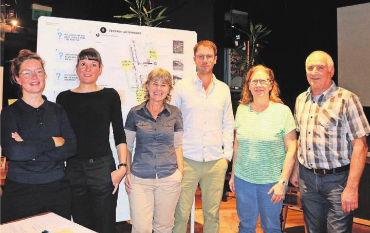 Die Organisatoren des Abends, von links: Silja Dietiker und Jannine Stüdeli vom Planerbüro Karo, Sandra Auf der Maur, Mitarbeiterin der Abteilung Bau und Planung Sins, Adrian Duss vom Planerbüro Kip, Uschi Ulrich, Leiterin Abteilung Bau und Planung Sins, und Gemeindeammann Josef Huwiler. Bild: ci