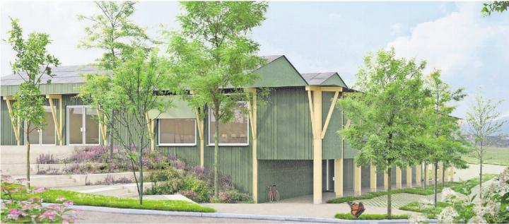 So würde die neue Mehrzweckhalle von aussen aussehen – dem jetzigen Projekt weht aber viel Gegenwind entgegen. Visualisierung: gk