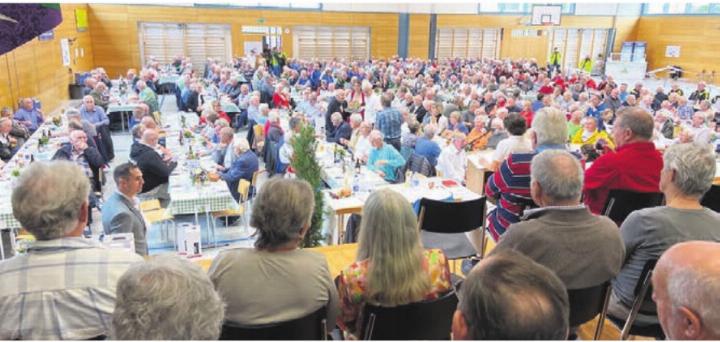 Teilnehmer der Veteranen-«Landsgemeinde» aus Sicht der Jubilare auf der Bühne. Bild: zg