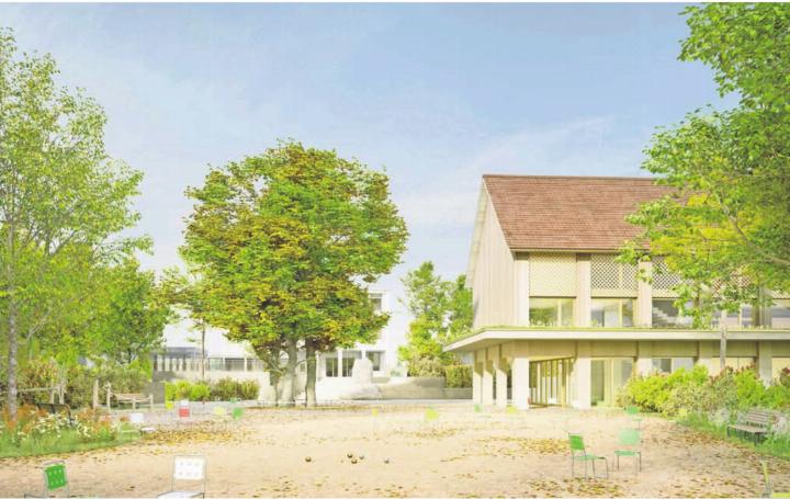 So könnte das neue Gemeindehaus dereinst aussehen. In der ursprünglichen Planung ist der Kultursaal im grosszügigen Dachgeschoss. Verschiedene Vereine hätten ihn lieber im Erdgeschoss. Visualisierung: zg