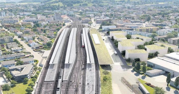 Beim Grossprojekt Bahnhof Lenzburg geht es nicht nur um Gleise und Perrons, mitten in der Stadt soll ein ganz neues Quartier entstehen samt Gewerbeflächen und Begegnungsorten. Visualisierung: SBB