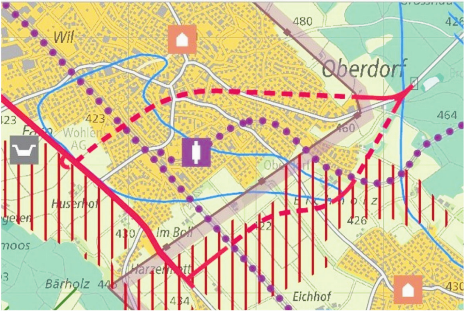 Die geplanten zwei Einträge im Richtplan (gestrichelte Linien) zeigen auf, wo die beiden Umfahrungsvarianten liegen könnten. Doch wie bisher liegt eine mögliche Realisation in weiter Ferne. Plan: pd - Das Bild wird blockiert. – Möglicherweise durch einen aktiven Adblocker.