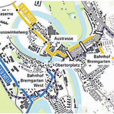 Der Kleinbus ist zu teuer - Von Zufikon bis zur Kaserne: Hier würde die Linie 338 neu durchführen (in Gelb).