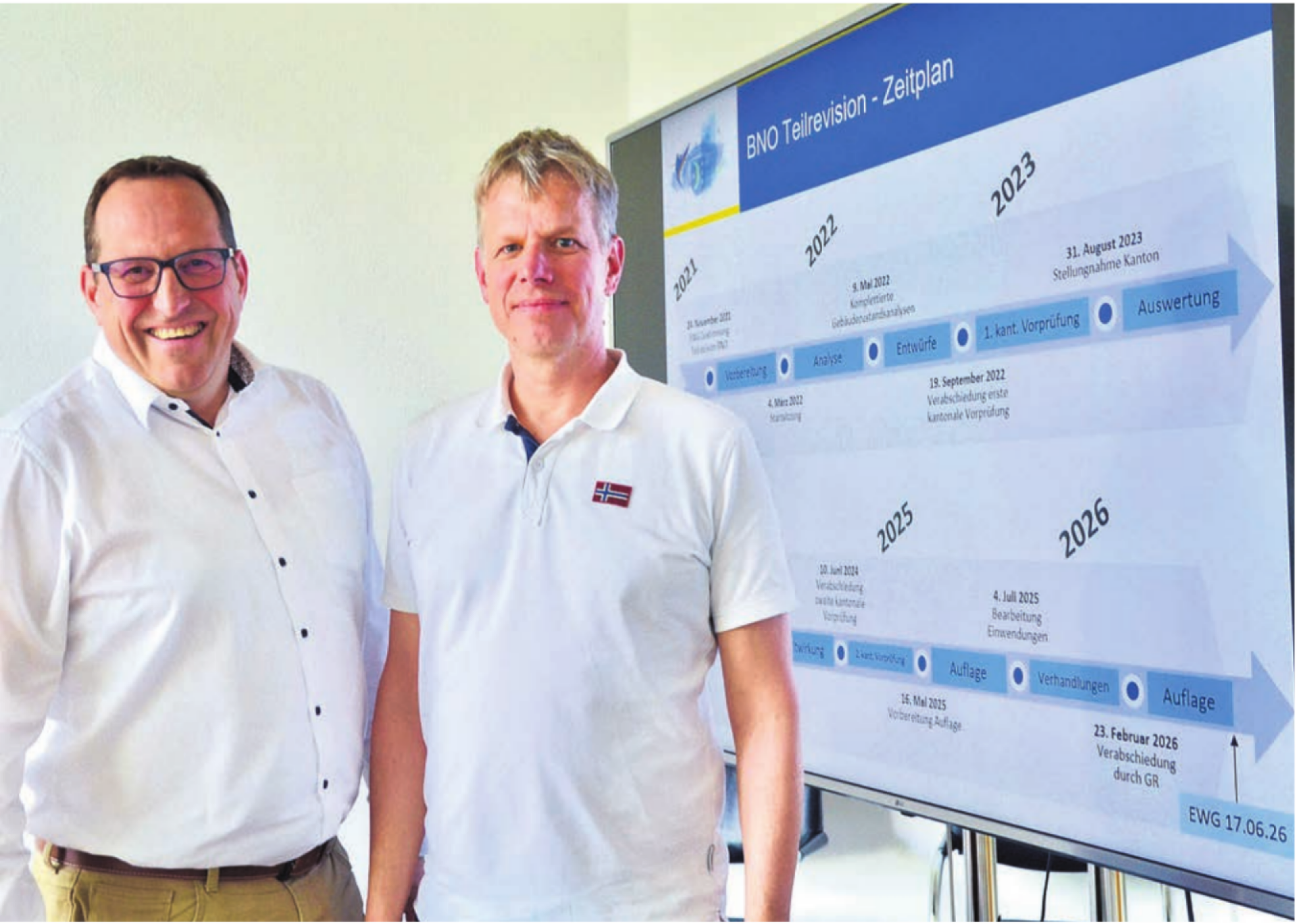 Gemeindeschreiber Frank Koch (l.) und Gemeindeammann Simon Zubler vor der langen Geschichte der BNO-Teilrevision.    Bild: Thomas Stöckli - Das Bild wird blockiert. – Möglicherweise durch einen aktiven Adblocker.