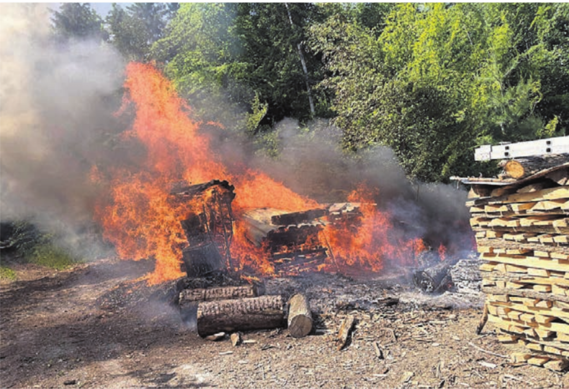 Als die Feuerwehr eintraf, stand die Holzbeige schon meterhoch in Flammen. Dank dem raschen Eingreifen konnte eine Ausbreitung verhindert werden.    Bild: pz - Das Bild wird blockiert. – Möglicherweise durch einen aktiven Adblocker.