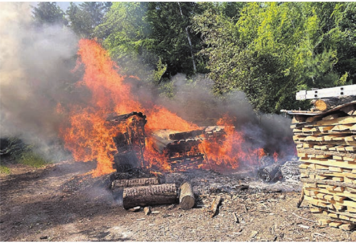 Als die Feuerwehr eintraf, stand die Holzbeige schon meterhoch in Flammen. Dank dem raschen Eingreifen konnte eine Ausbreitung verhindert werden.    Bild: pz