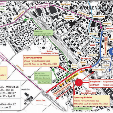Jetzt geht es endlich los - Der Plan zeigt den Ablauf der Sanierung mit den zwei Bauphasen und die geplante Umleitung dorfeinwärts. Betroffen sind teilweise auch die Einfahrten in die Untere Farnbühlstrasse. 
Plan: pd