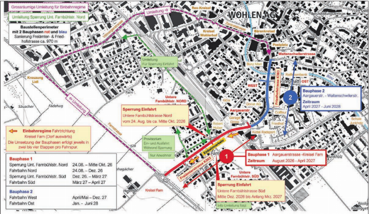 Der Plan zeigt den Ablauf der Sanierung mit den zwei Bauphasen und die geplante Umleitung dorfeinwärts. Betroffen sind teilweise auch die Einfahrten in die Untere Farnbühlstrasse. 
Plan: pd