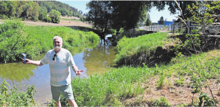 Er ist Fischereiaufseher für die Bünz: Armin Geissmann bei der Mündung des Holzbachs in die Bünz, hier ist die Lage noch verhältnismässig gut, wenigstens für ein paar Tage.    Bild: Daniel Marti